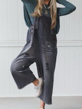 Three Bird Nest Charcoal Distressed Wide-Leg Denim Overalls